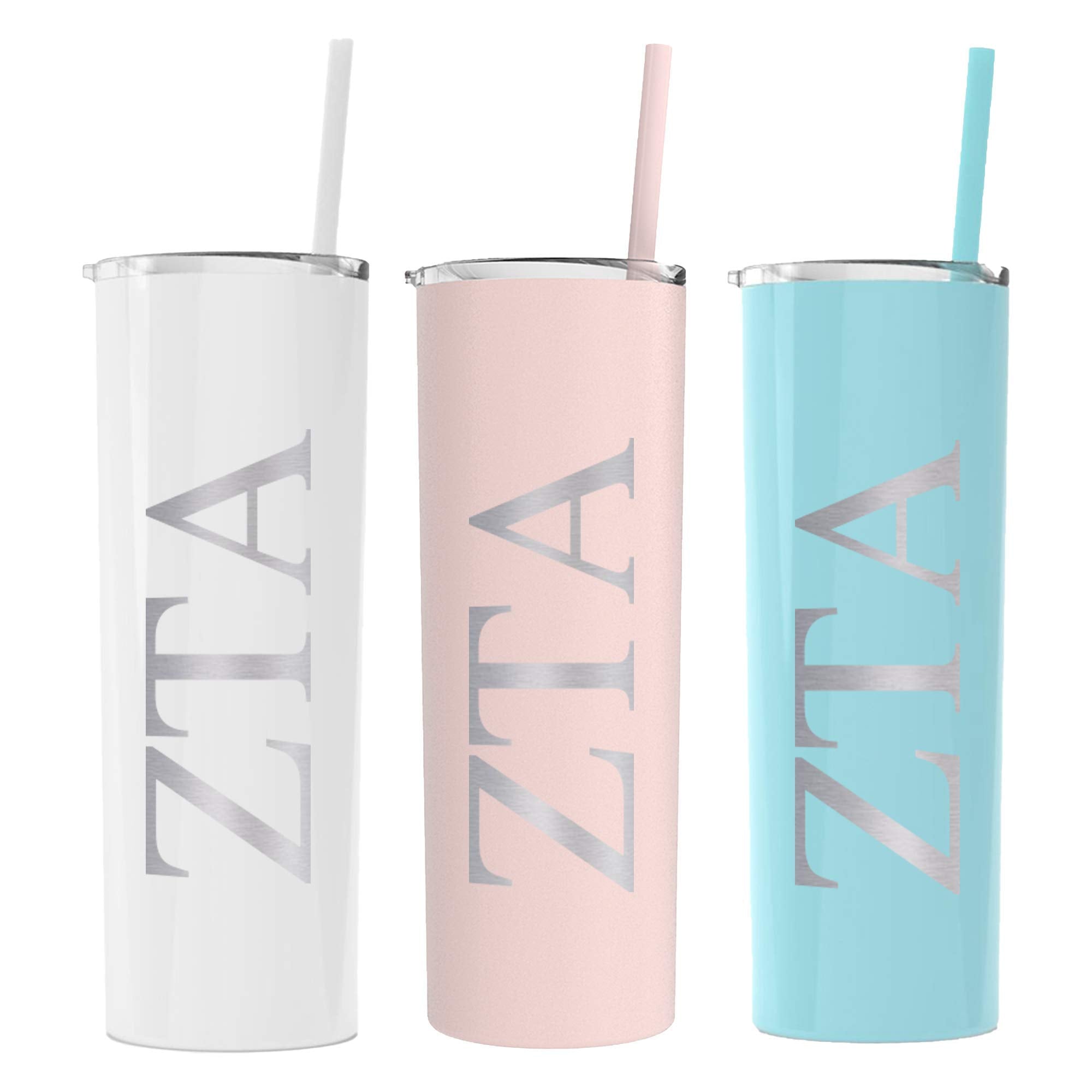 Zeta Tau Alpha Greek Letter Skinny Tumbler With Straw (White)