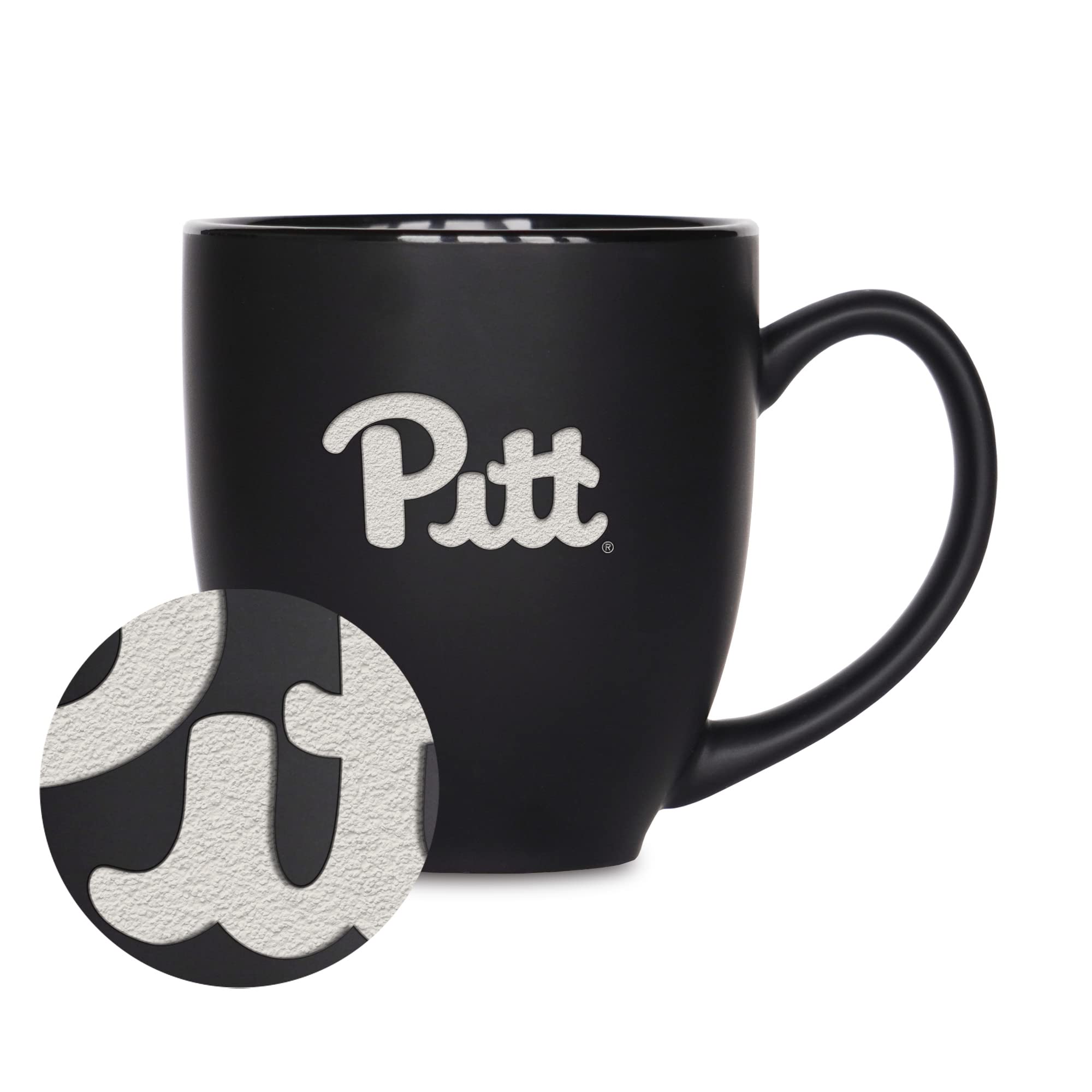 Rico Industries NCAA Pitt Panthers Main 15oz Laser Engraved Matte Black Ceramic Bistro Mug - For Hot or Cold Drinks