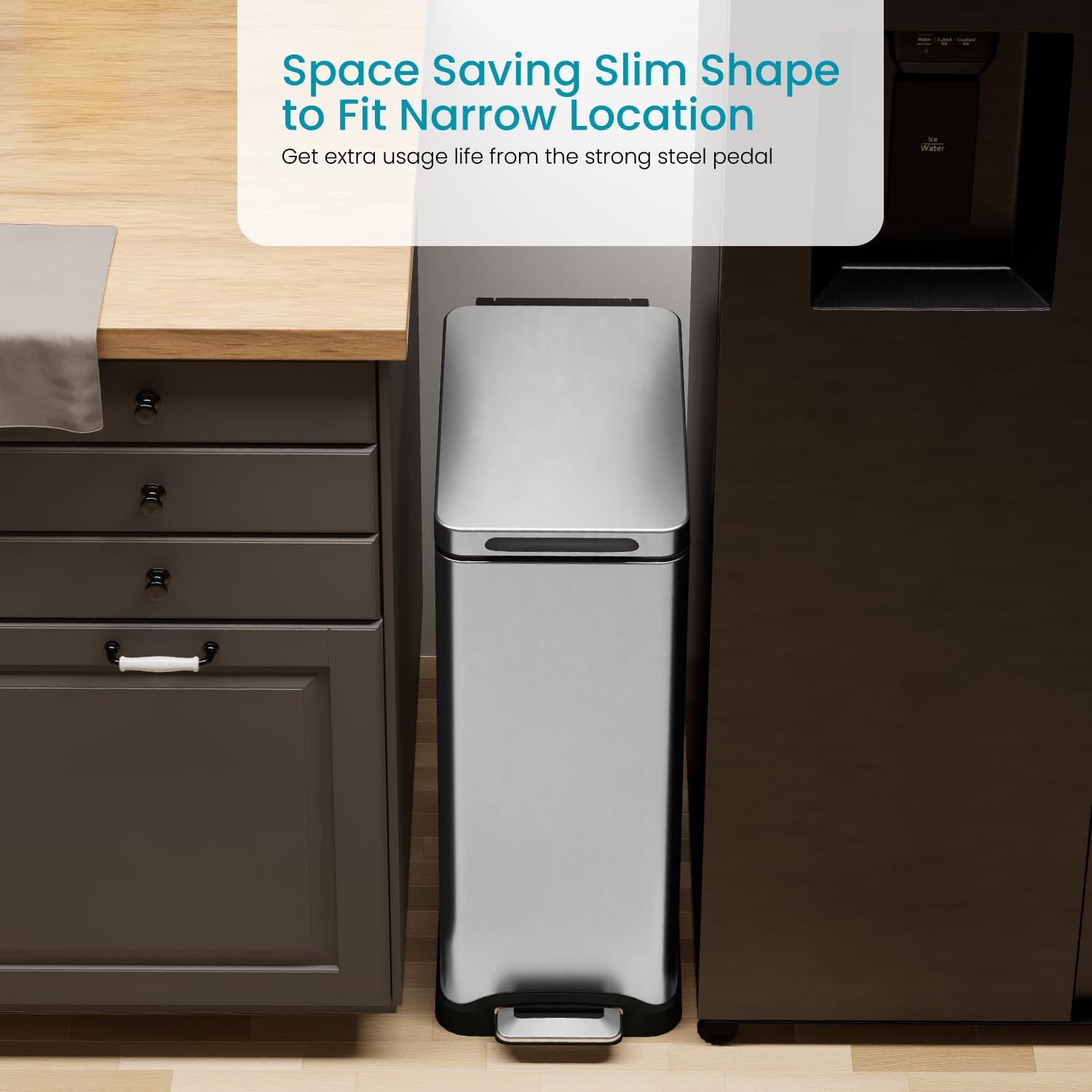 Home Zone Living 12 Gallon Slim Kitchen Trash Can, Stainless Steel, Step Pedal, 45 Liter