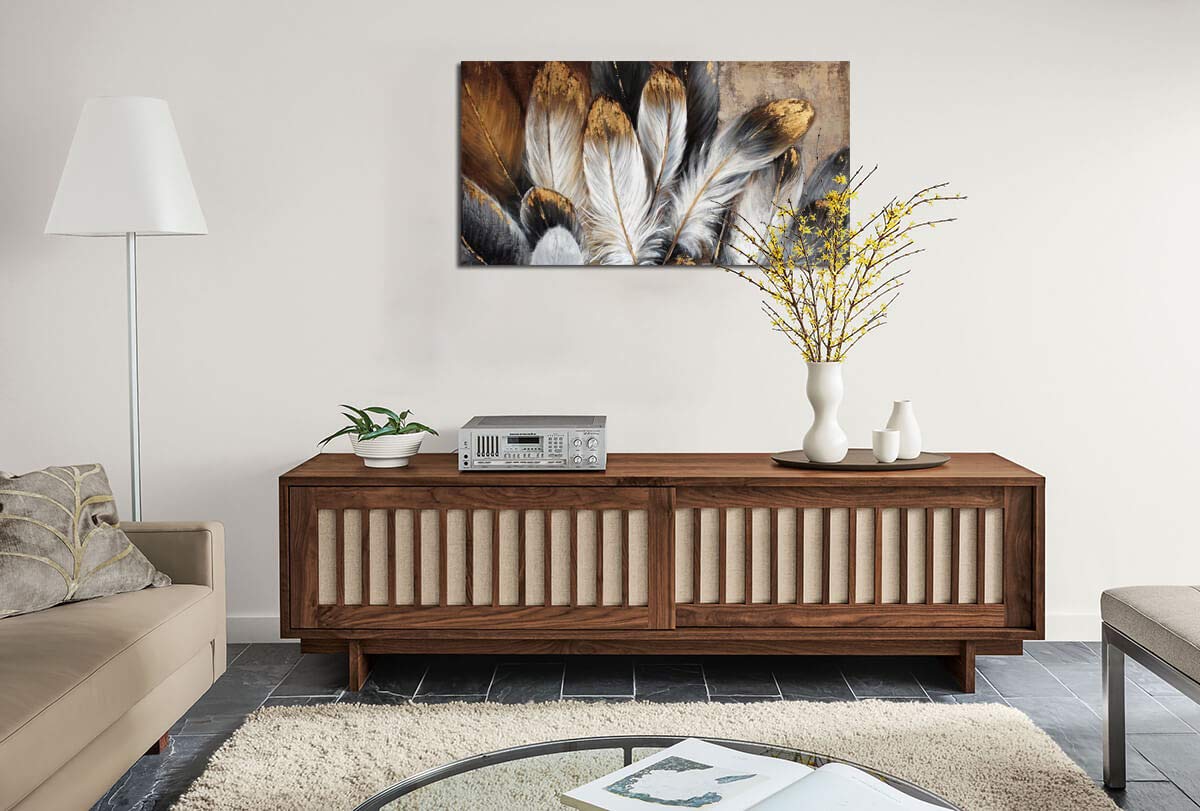Feather Canvas Wall Art Modern Living Room Bedroom Wall Decoration Large Giclee Print Canvas Painting Artwork for Home Decor One Piece White Gold Brown Feather Picture Ready to Hang 24x48 Size