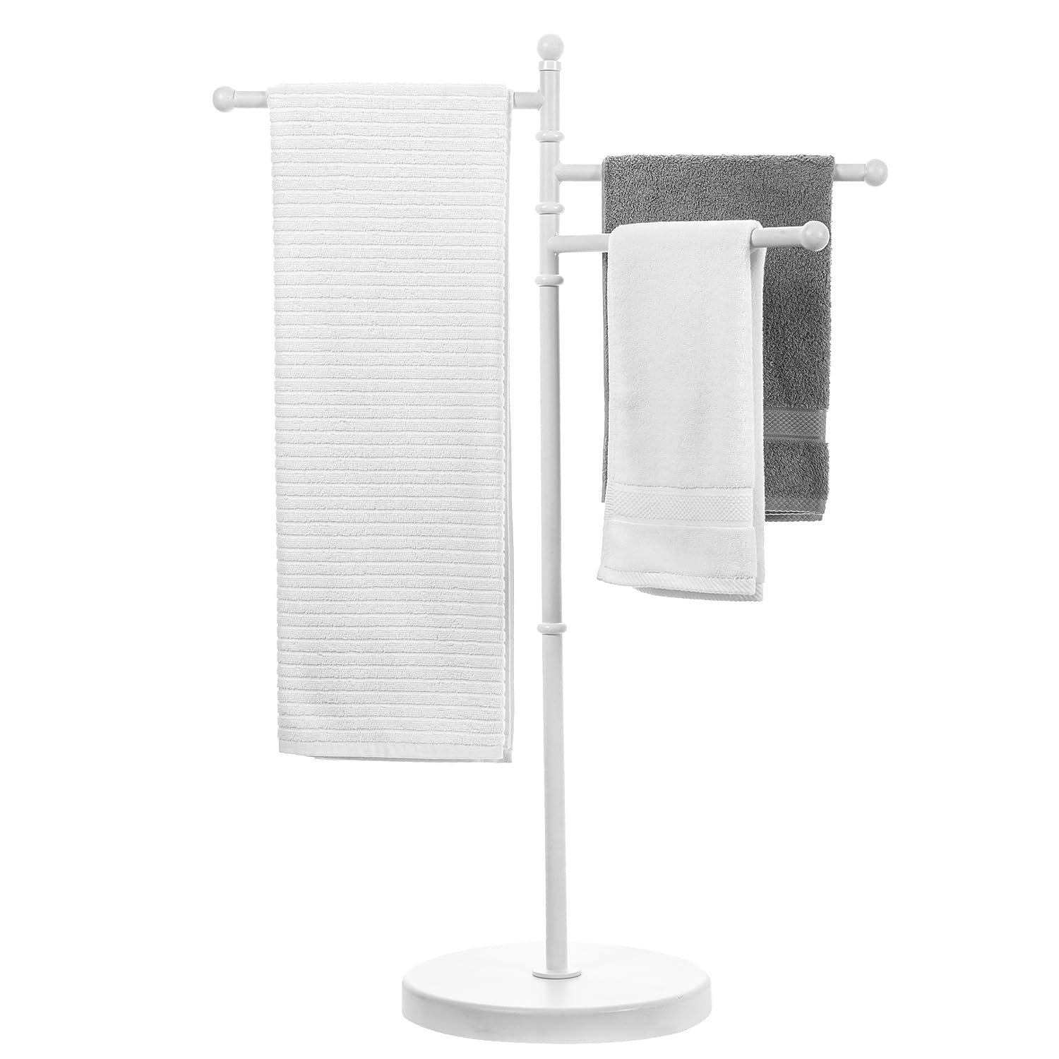 MyGift 40 Inch Tall Matte White Metal Floor Standing Bathroom Towel Holder Rack with 3 Swivel Bars, Spa Pool Hot Tub Valet Acces