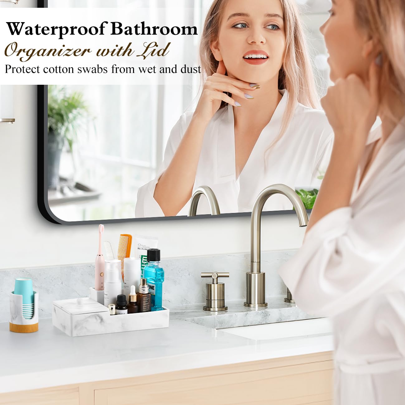 Luxspire Bathroom Counter Organizer, Marble Toothbrush Holder For Bathroom 6 Slot, Bathroom Vanity Organizer With Lid, Bathroom