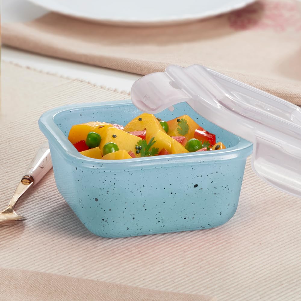 Borosil 320 Ml Blue Food Storage Container With Air Tight Lid | Square Shape Borosilicate Glass Organiser | Microwave & Dishwash