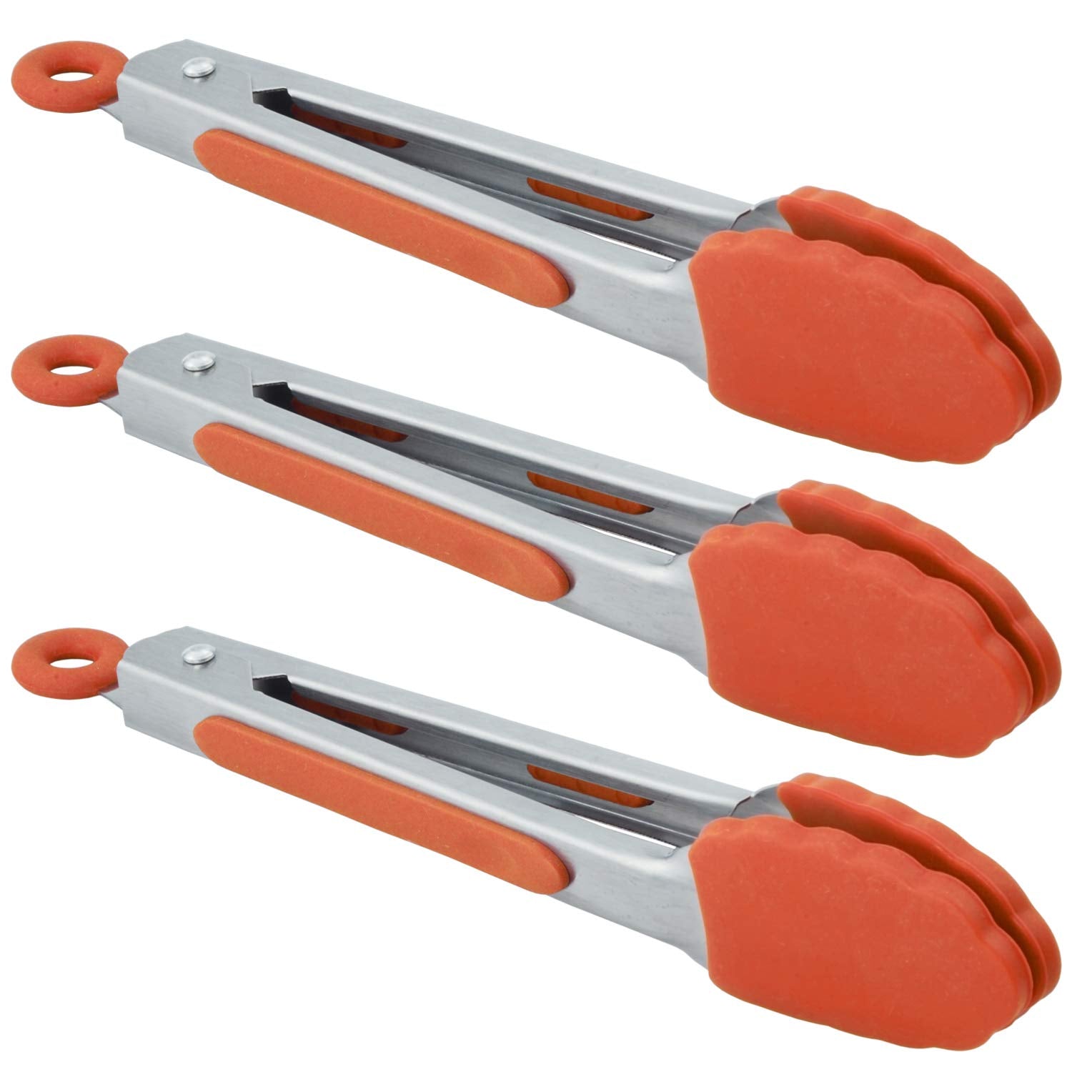 Hinmay 7-Inch Stainless Steel Tongs With Silicone Tips Locking Metal Food Tongs, Set Of 3 (Orange)