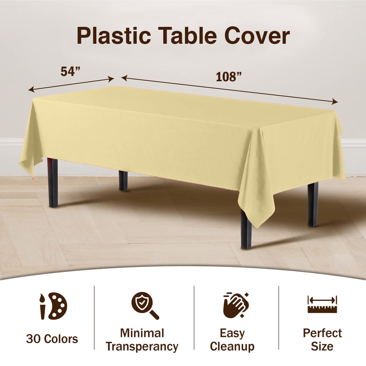 Exquisite 6-Pack Premium Plastic Tablecloth 54In. X 108In. Rectangle Plastic Table Cover - Light Yellow