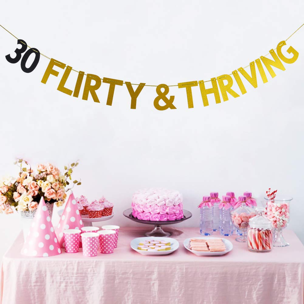 30 Flirty & Thriving Banner, 30Th Birthday Bunting Sign, Dirty Thirty Party Decorations, Dirty 30 Party Sign, Gold And Black Gli