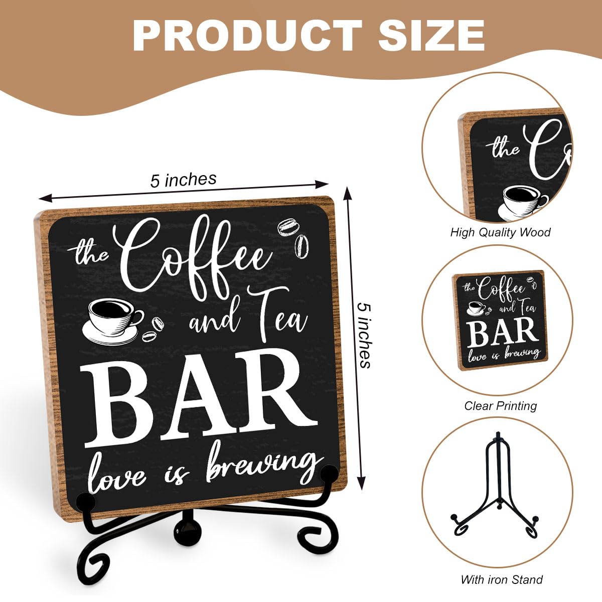 Toerifer Coffee Bar Decor, Funny Coffee Sign, Wooden Table Display, 5x5 Inches, Black, Rustic
