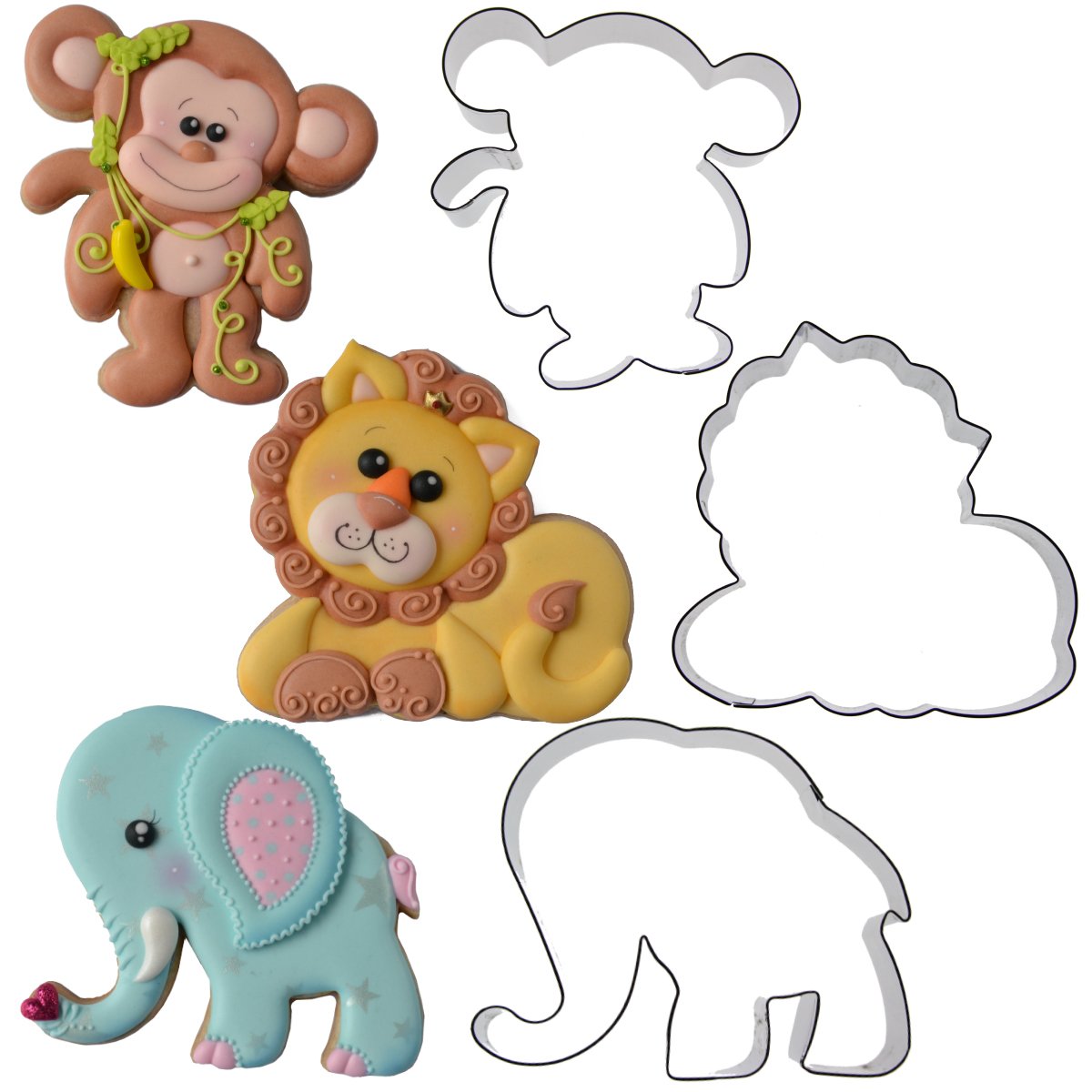 Jungle Animal Cookie Cutter Set- Elephant, Monkey, Lion By Chapix Cookies