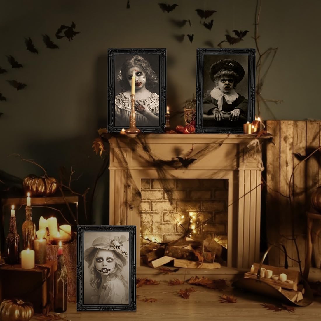 Halloween Decorations Indoor Scary Wall Decor, 3Pack 3D Changing Face Moving Picture Frames Portrait, Gothic Horror Poster Castl