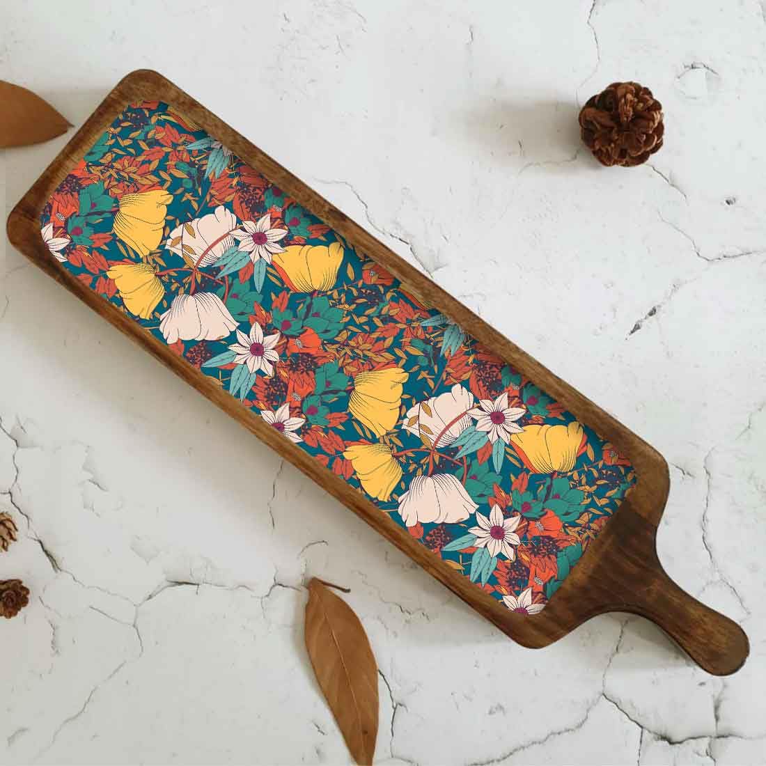 Nutcase Stylish Serving Platters For Snacks | Mango Wooden Bat Platter Rectangular Tray With Handle  Flower Yellow