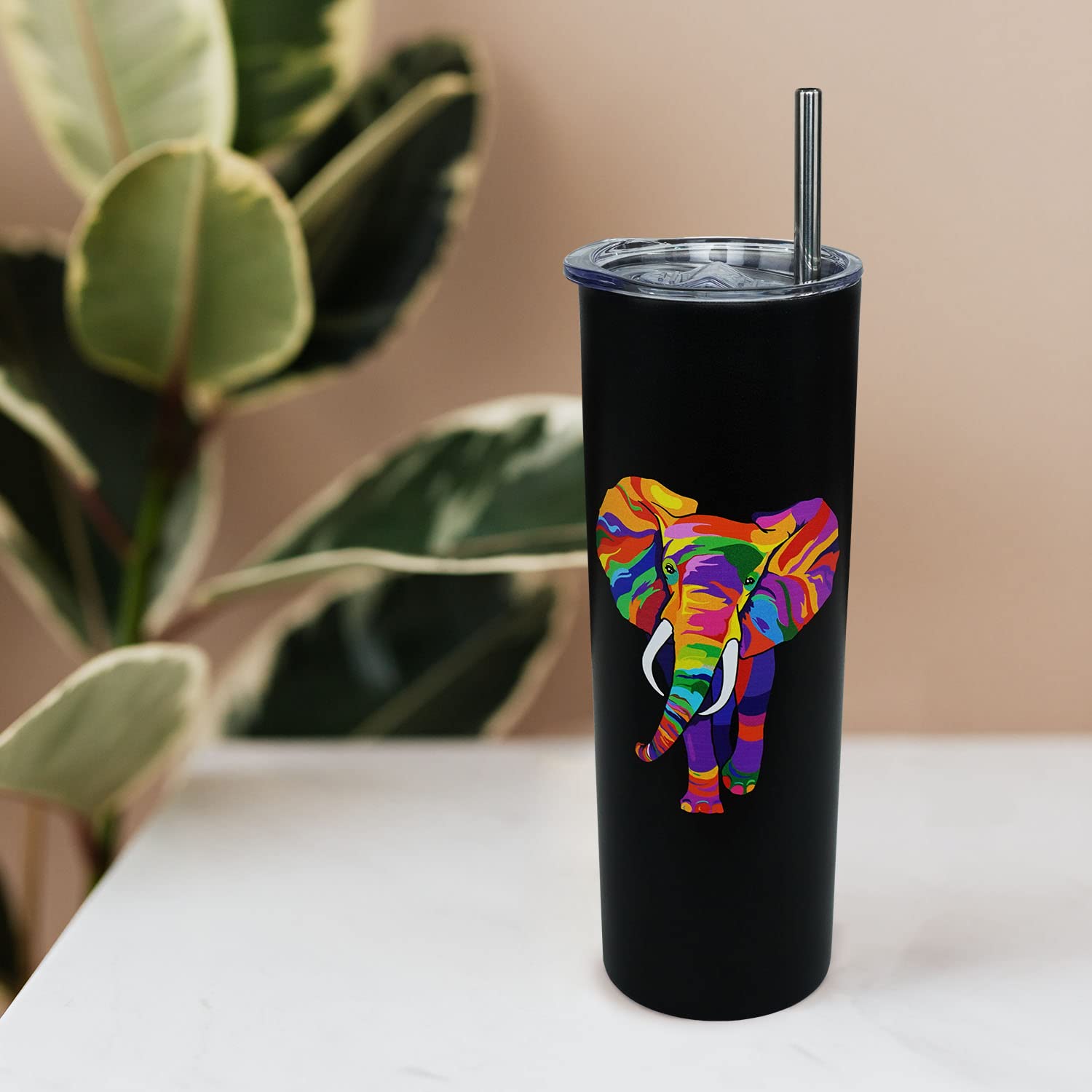 Elephant Tumbler With Lid And Straw- Elephant Gifts For Women, Men - Colorful Elephants Cup, Skinny Tumbler, Water Bottle, Coffe
