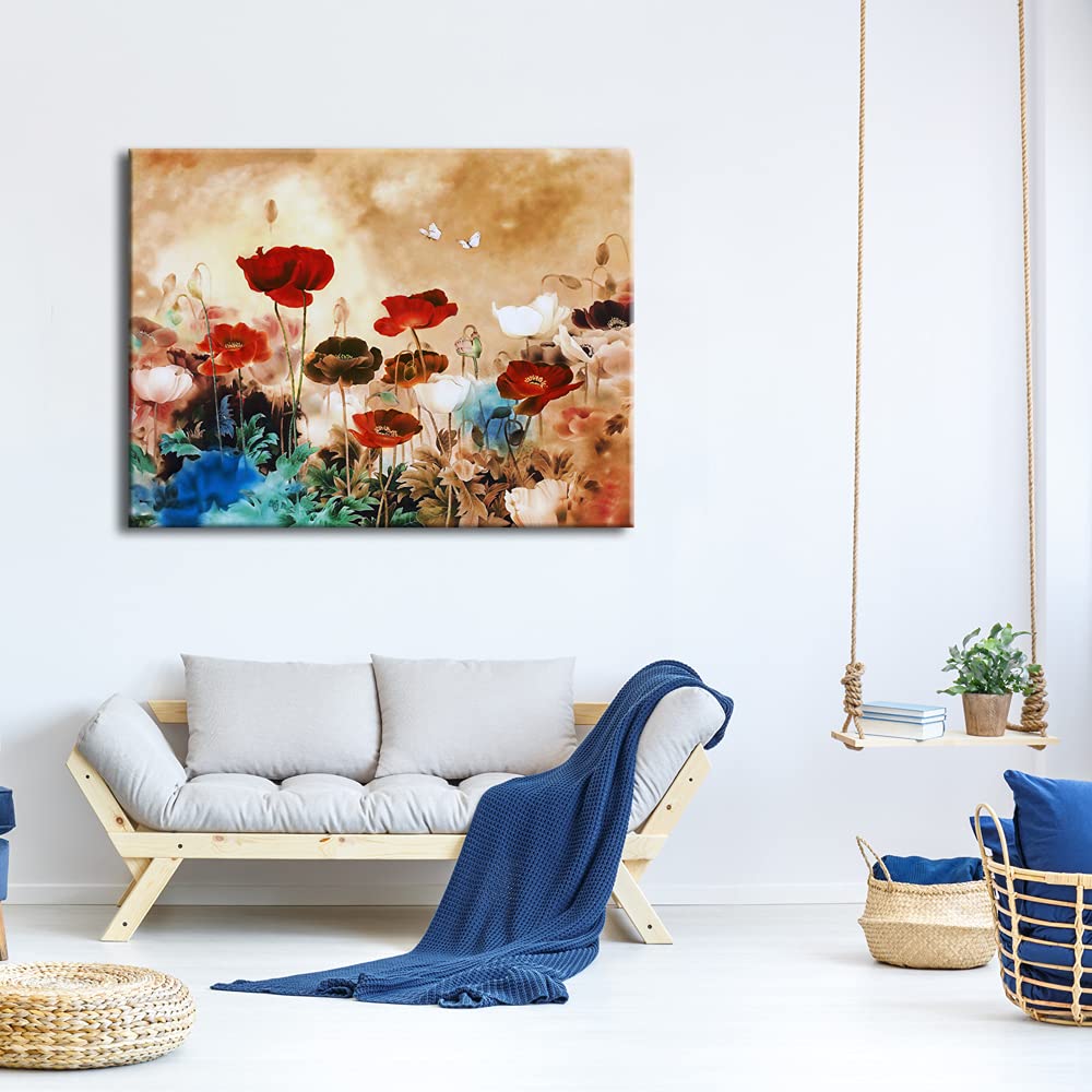 Wieco Art Blooming Poppies Extra Large Modern Gallery Wrapped Contemporary Flowers Giclee Canvas Print Floral Paintings Reproduc