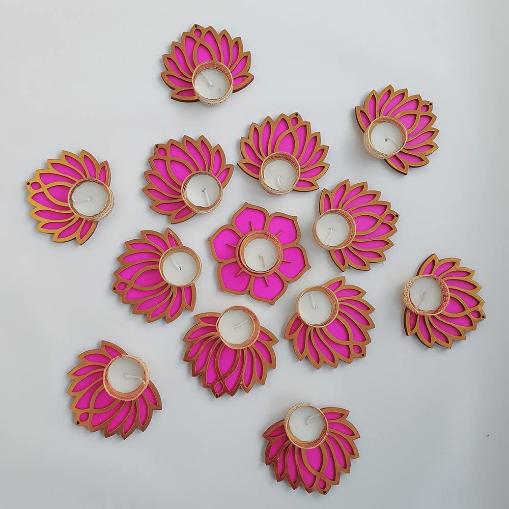 GIFT JAIPUR Handmade 13 Pc Pink Lotus Flower Diya Rangoli Candles with Wax for Diwali Ganesh Chaturthi Laxmi Pooja Home Temple R