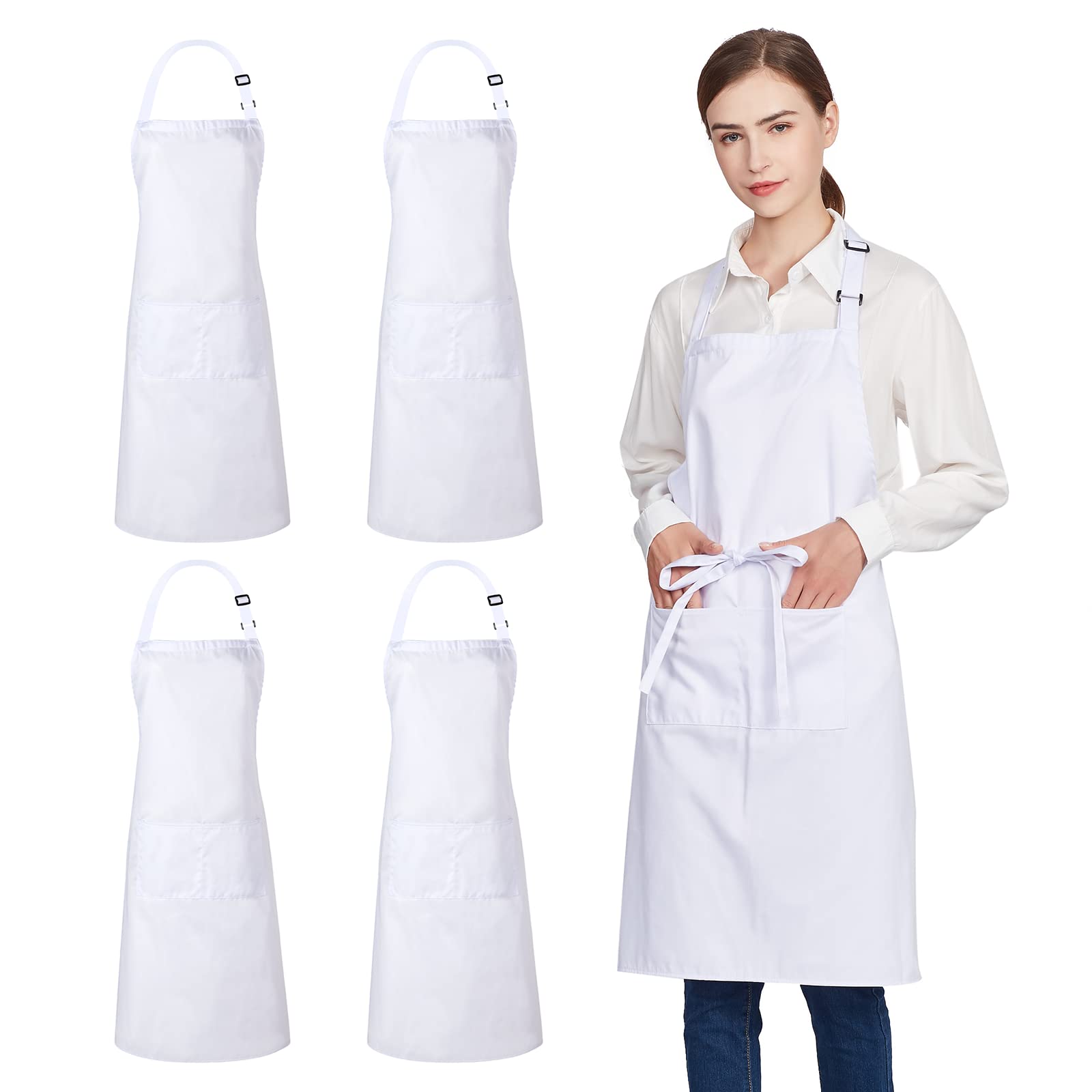 Jubatus 4 Pack 100% Cotton Aprons With 2 Pockets Cooking Chef Kitchen Adjustable Bib Apron For Women Men, White