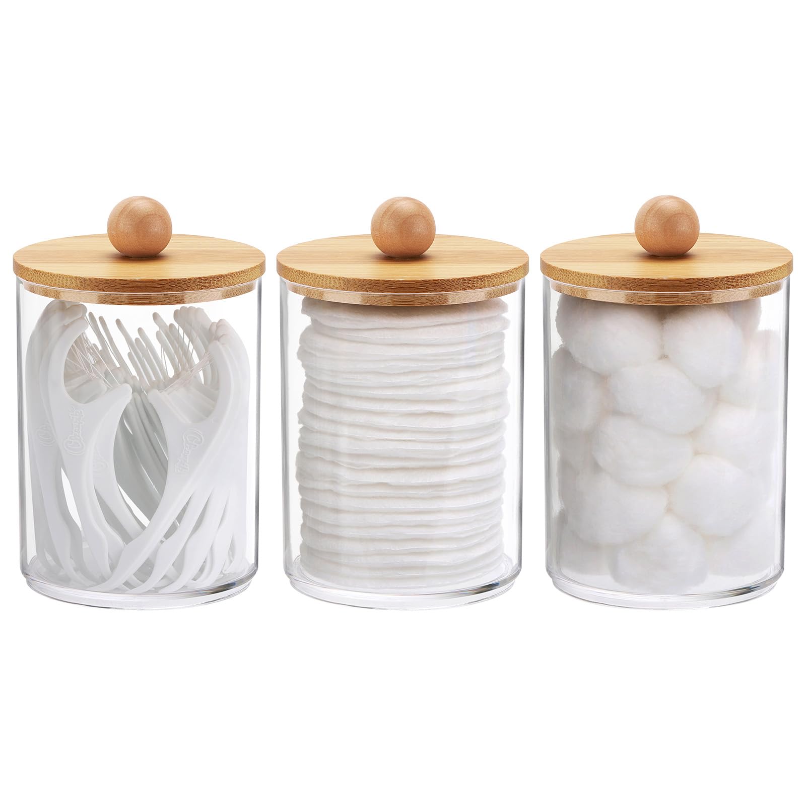 Tbestmax 10 Oz Cotton Swab/Ball/Pad Holder, Qtip Apothecary Jar, Clear Bathroom Containers Dispenser For Storage 3 Pack Wood Lid