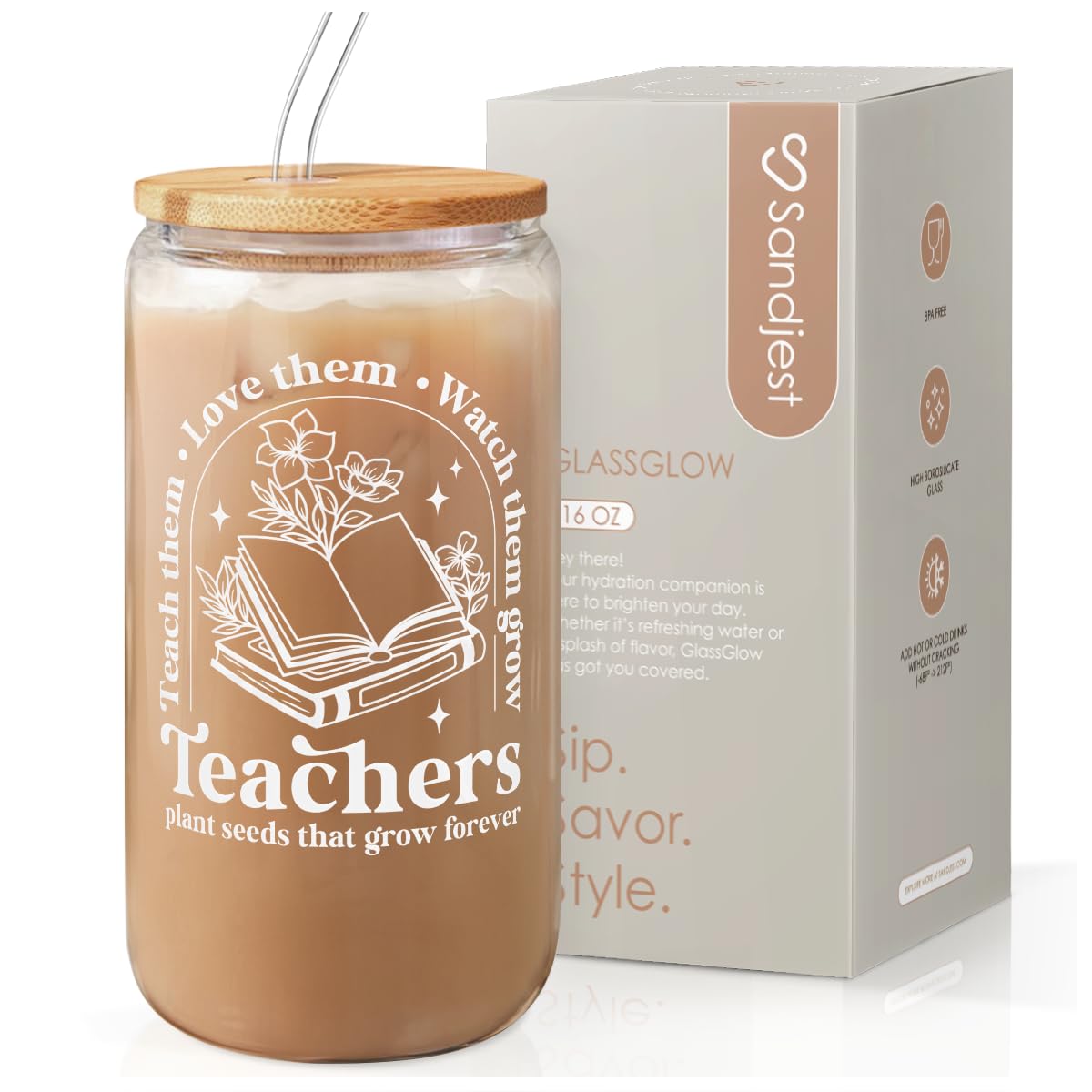 Teacher Glass Can, Teachers Plant Seeds That Grow Forever Cup with Lid & Straw, Coffee Aesthetic Cups, Gift for Christmas Teache
