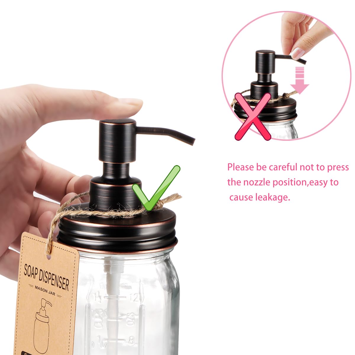 Amolliar Mason Jar Liquid Soap Dispenser, Rustproof Stainless Steel Replacement Pump Lid, Cute Farmhouse Decor For Kitchen, Bath