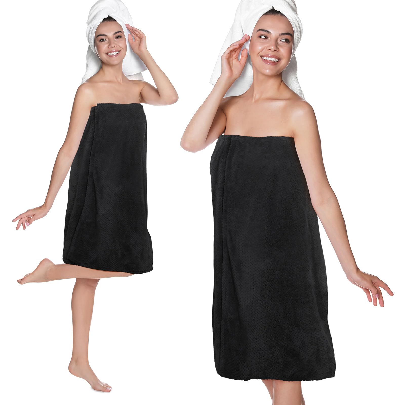 Tigeen 2 Pcs Towel Wrap for Women Lightweight Spa Robe with Adjustable Closure Elastic Top Soft Bathrobe Spa Wrap(Medium,Black)