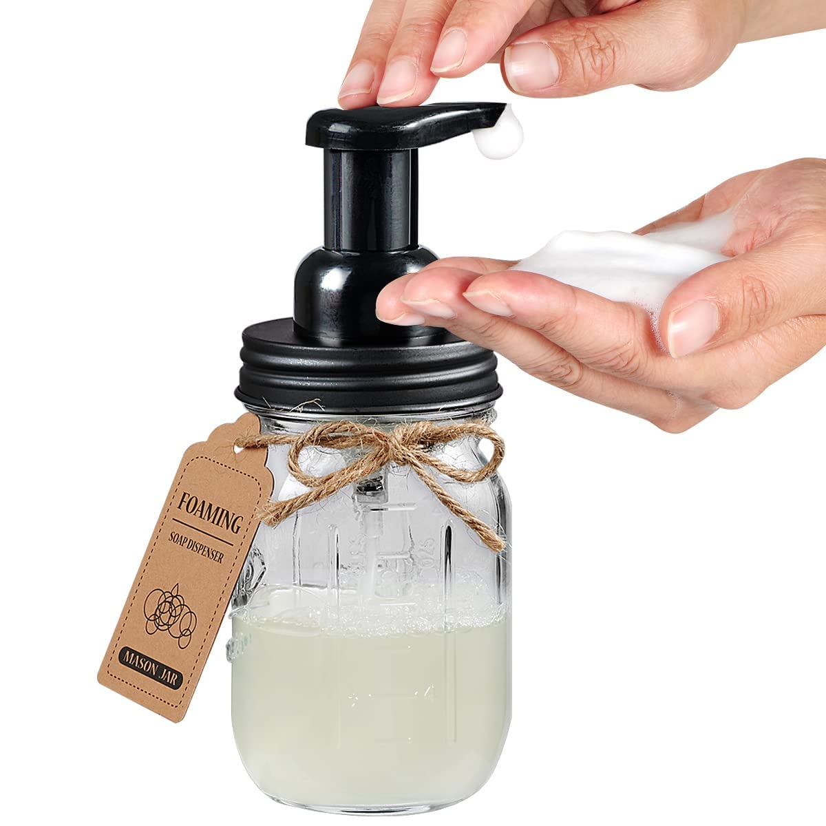 Amolliar Mason Jar Bathroom Accessories Set - 4 Pack, Foaming Soap Dispenser, Qtip Holder, Toothbrush Holder, Rustic Black Decor