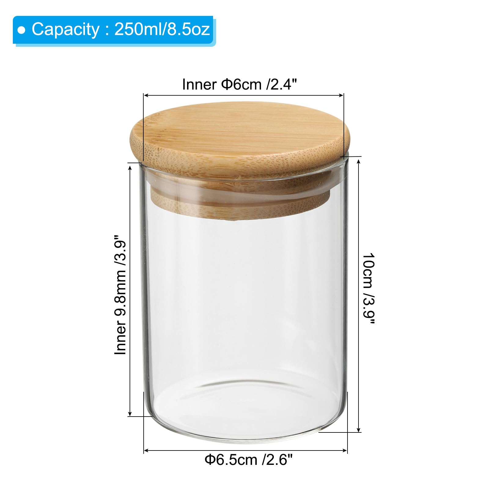 Patikil 8.5 Oz Glass Jar With Airtight Bamboo Lid, 2 Pack Glass Kitchen Container Clear Food Storage Jar For Nuts Sugar Coffee B