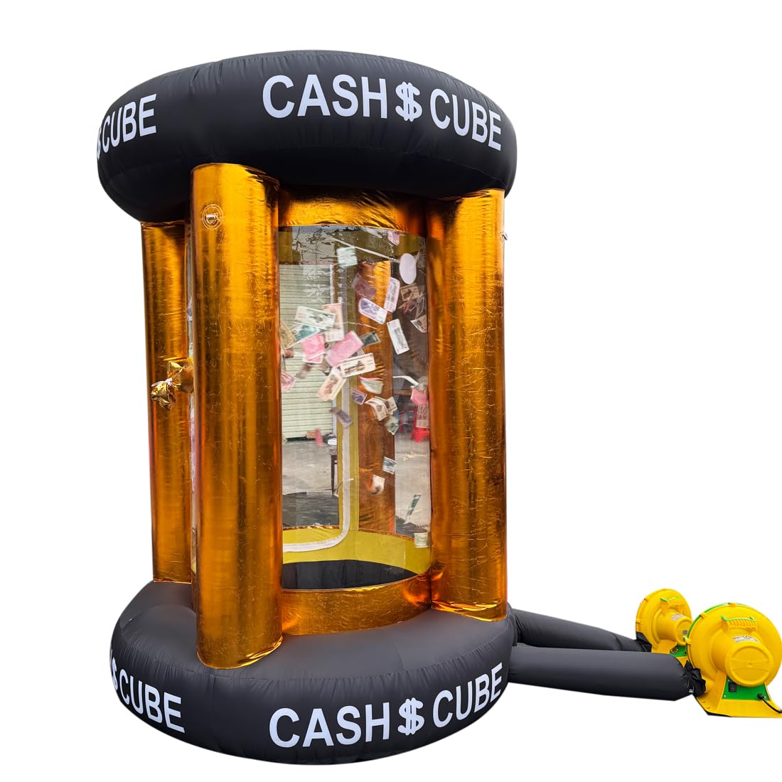 Gold Inflatable Cash Cube Booth Inflatable Cube Cash Grab Machine Fast Money Booth Money Grab Machine with 2 Blowers for Promoti