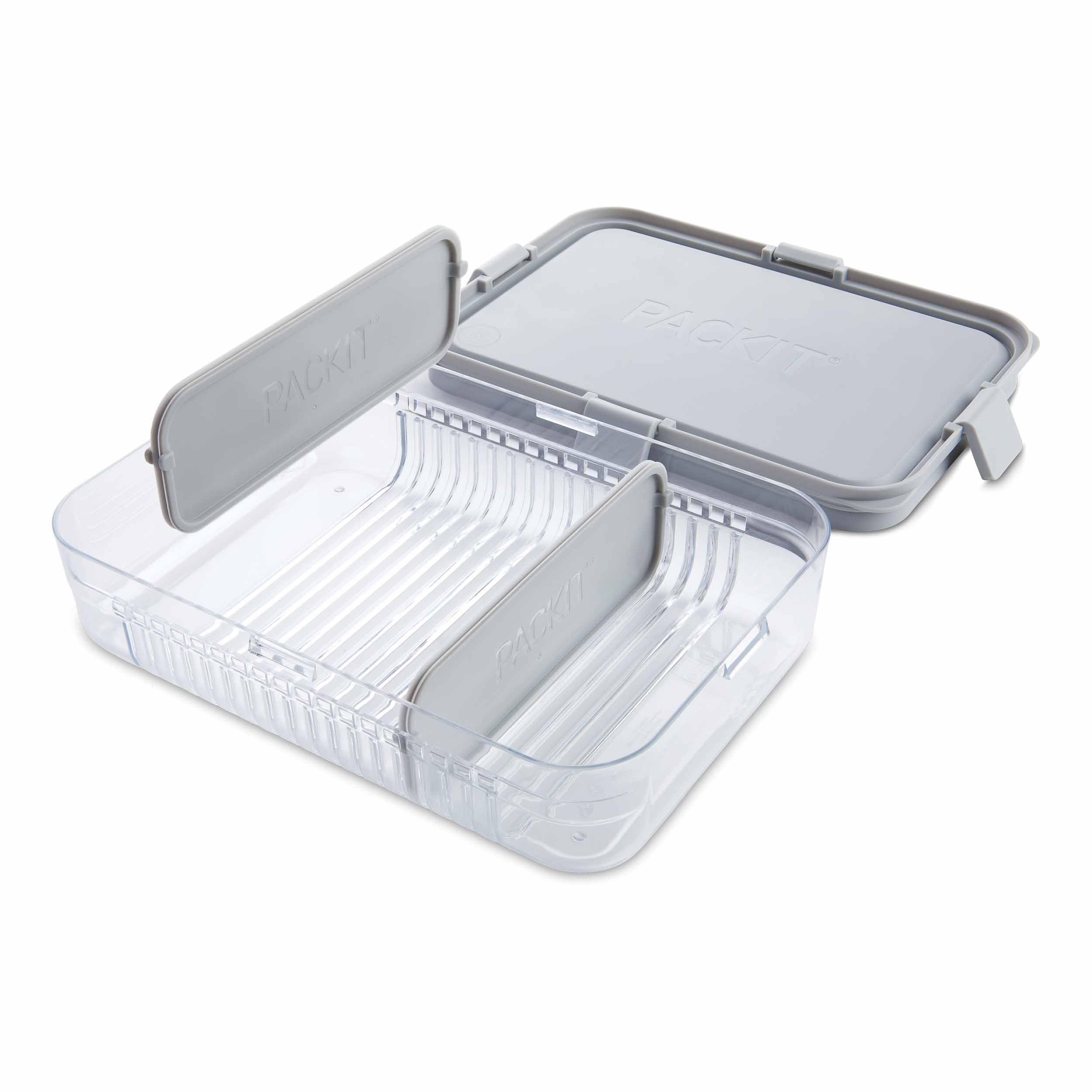 Packit Mod Large Bento Food Storage Container, Steel Gray, Shatterproof Crystal Clear Base, With Leak-Resistant Dividers, Lid, M