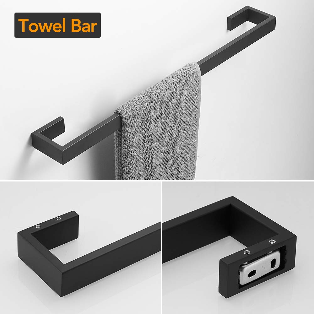 BESy 4 Piece Bathroom Accessories Set (23.6'' Towel Bar  Hand Towel Holder Towel Rack  Toilet Paper Holder  Double Towel Hooks)  Wall Mounted Bath Hardware Fixtures Set  Stainless Steel/Matte Black