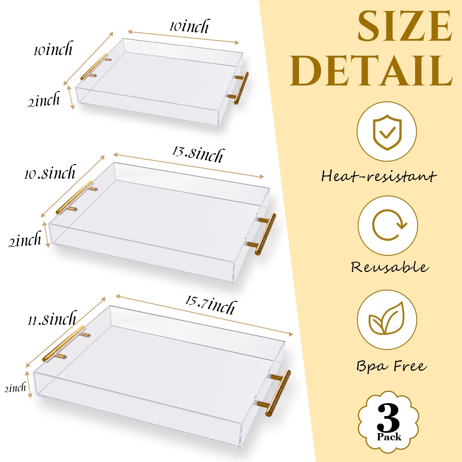 Vevitts 3 Pack Clear Acrylic Serving Tray With Gold Handles Serving Tray Spill Proof Acrylic Bathroom Tray Decorative Tray Organ