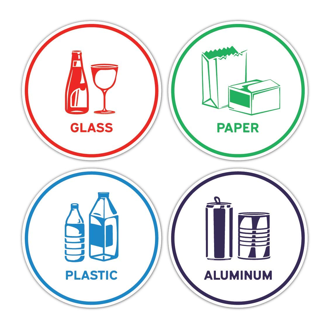Recycling Sorting Sticker Signs Decals - Paper, Aluminum, Plastic, Glass (Set Of 4 Recycle Stickers For Cans And Bins)