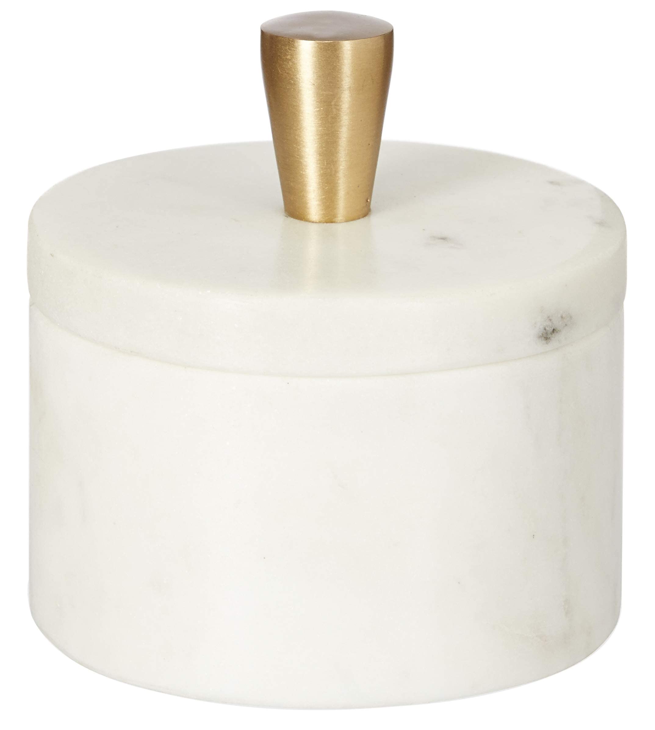 Queenza White Marble Salt Cellar With Lid And Brass Knob, 3 Inch Salt Box