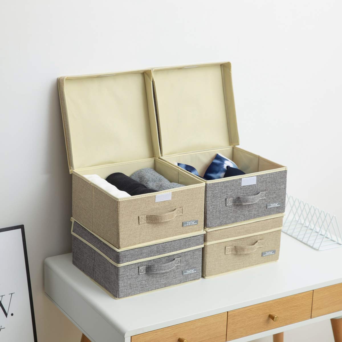 YueYue 4 Pack Small Fabric Storage Box with Lids  Foldable Linen Storage Box with Lids 4 Pieces Gray&Linen Set 12.4in/12in/6.7in