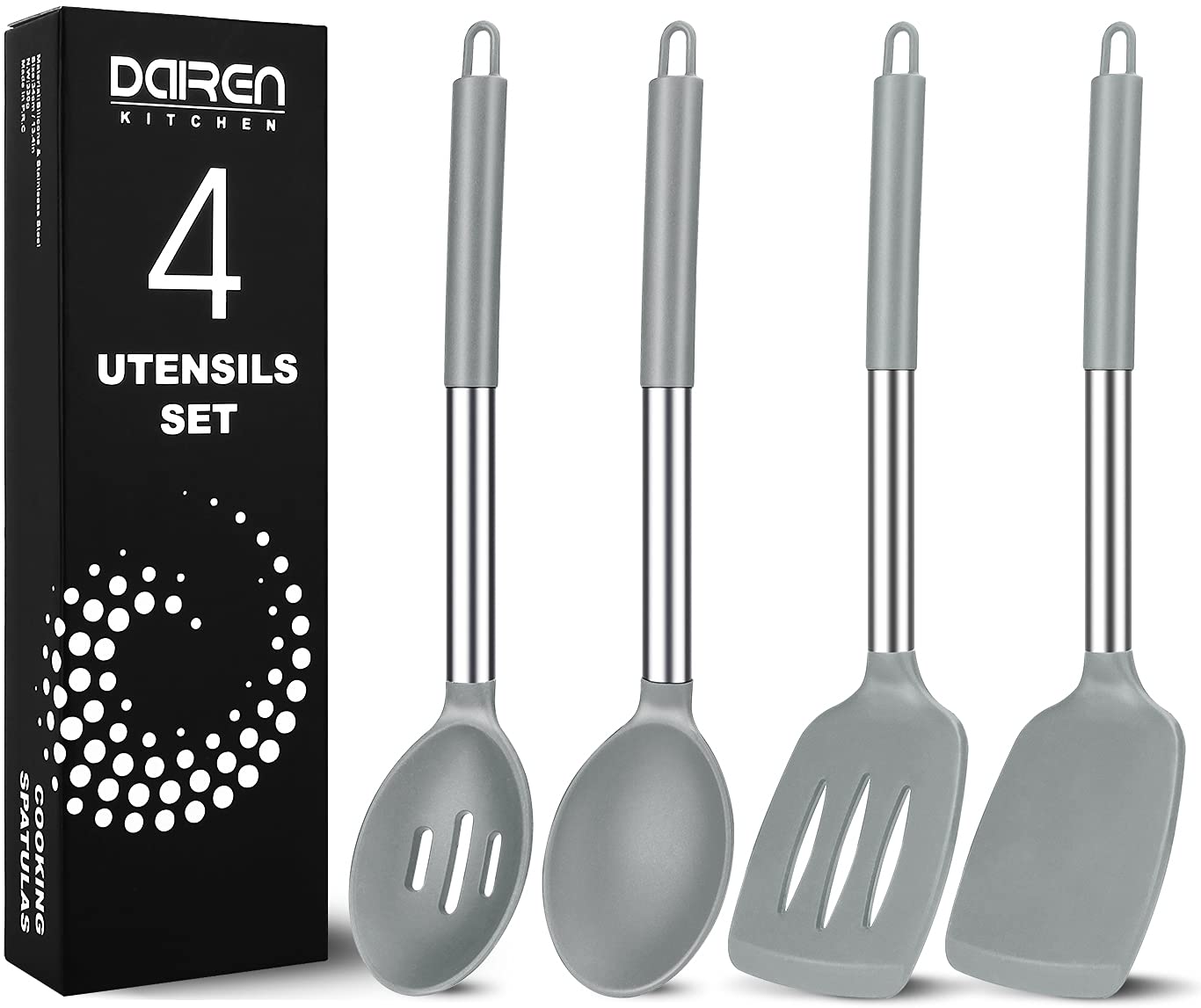 Pack Of 4 Large Silicone Cooking Spatulas And Spoons, Slotted And Solid Stainless Steel Cooking Utensils Set, Non-Stick Heat Res