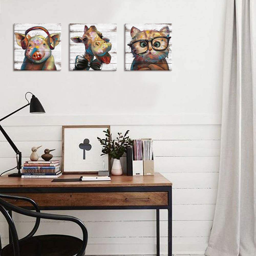 Visual Art Decor Funny Animal Wall Art Giraffe Pig Cat Decor Pictures, Framed Canvas Artwork Nursery Wall Decor, Home Office Kid
