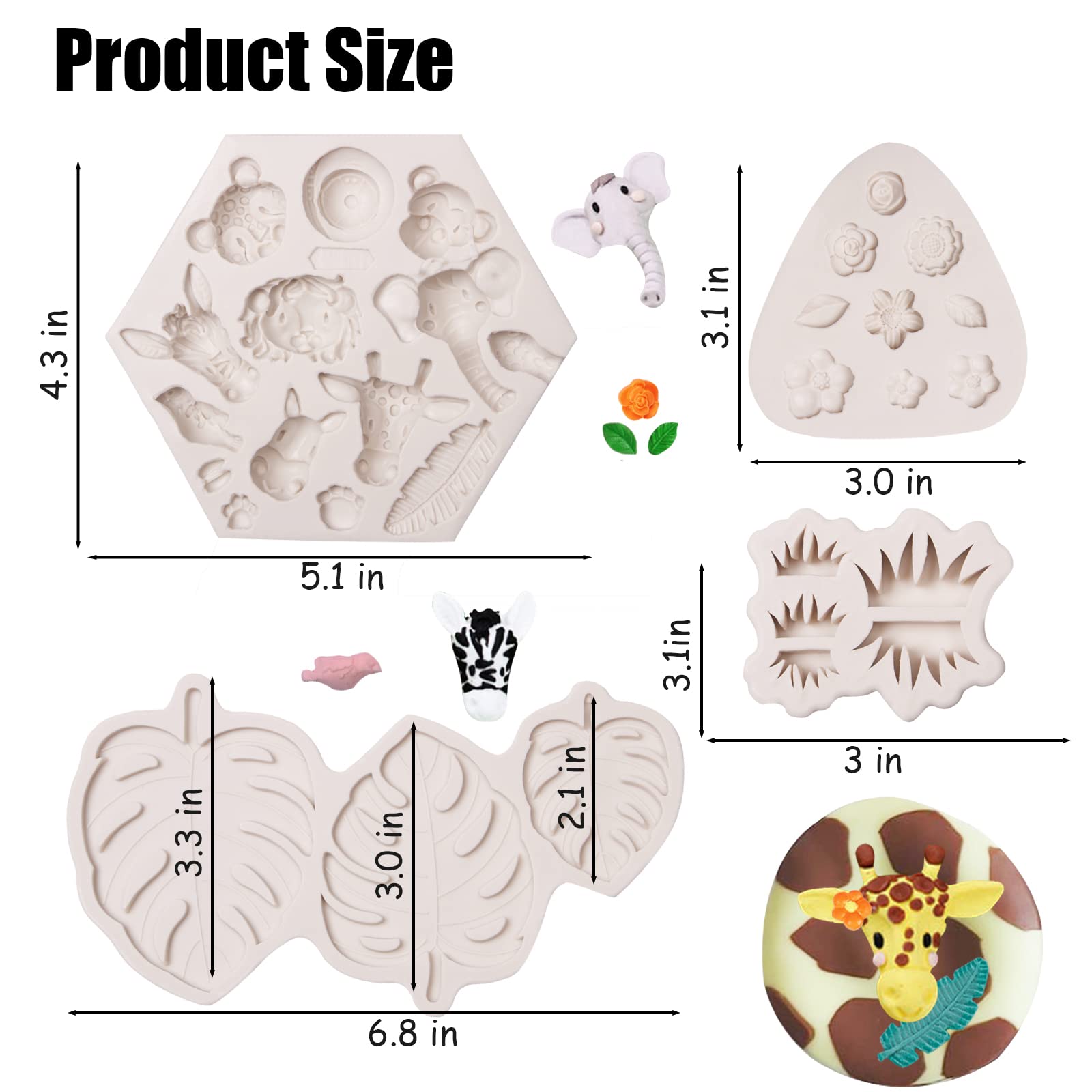 Safari Animal Fondant Molds 4 Pcs, Jungle Tropical Leaf Chocolate Silicone Molds For Baking, Cake Decorations, Cupcake Toppers,