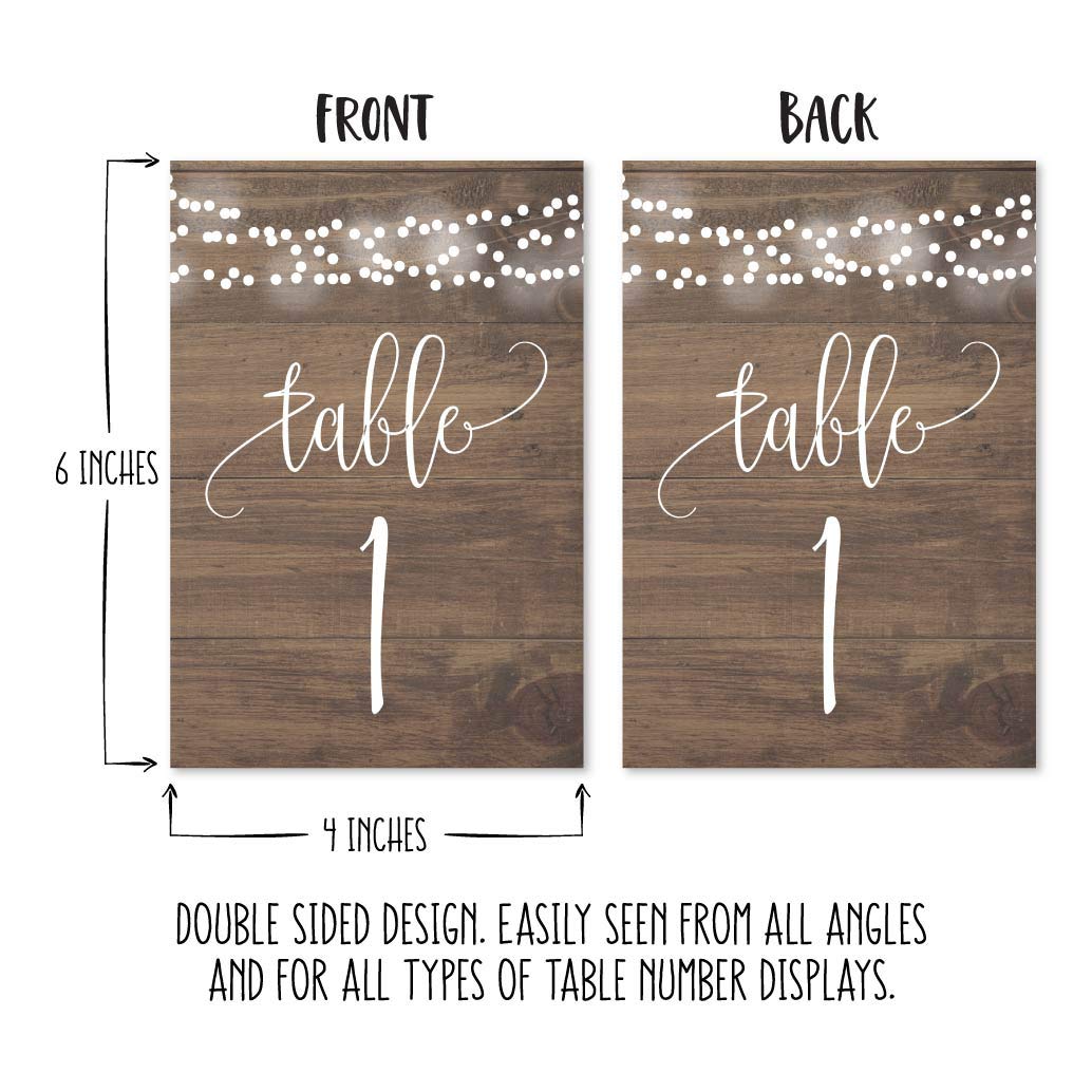 Hadley Designs 1-25 Rustic Wood Lights Table Number Double Sided Signs For Wedding Reception  Restaurant  Birthday Party Calligraphy Printed Numbered Card Centerpiece Reusable Frame Stand 4x6 Size