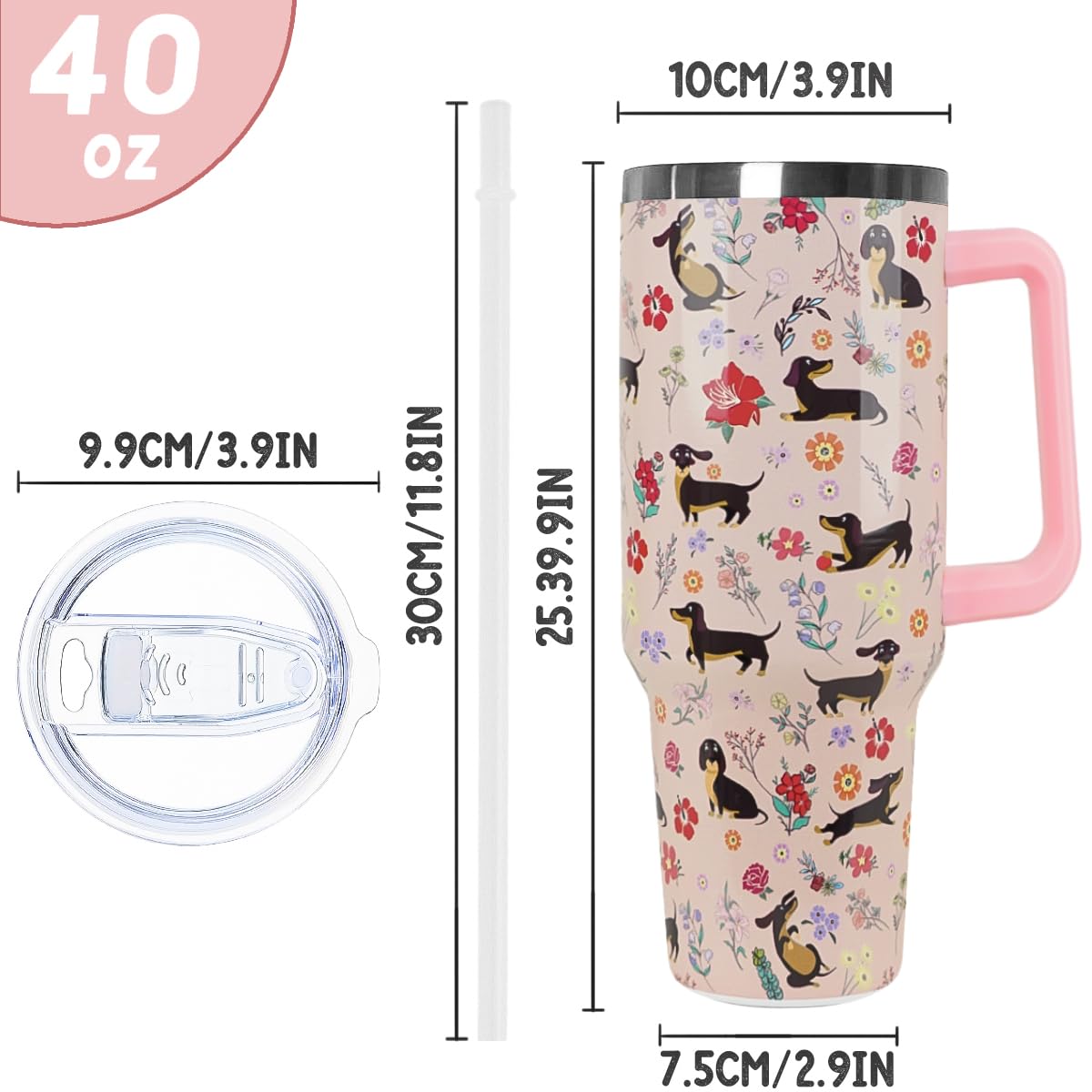 Nqhsionv Dachshund Tumbler with Handle and Straw 40 oz Weiner Dog Cup Cute Funny Dog Coffee Travel Mug Stainless Steel Insulated