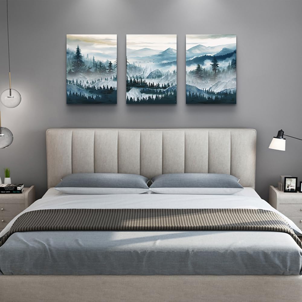 Mhartk66 Framed Wall Art For Living Room Canvas Wall Decor For Bedroom Office Decoration Fog Mountain Forest Posters Landscape W