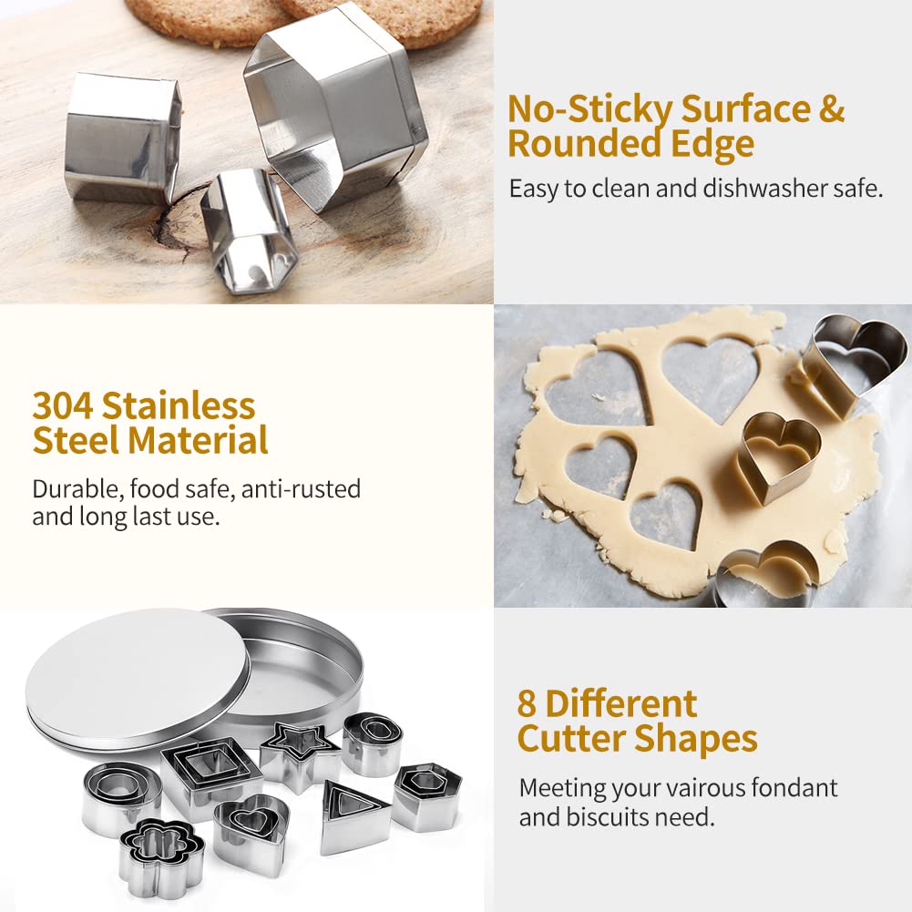 Ofone Small Cookie Cutters Set, 24 Pcs Stainless Steel Fondant Cutter Shapes Including Star Heart Square Triangle Oval Circle He