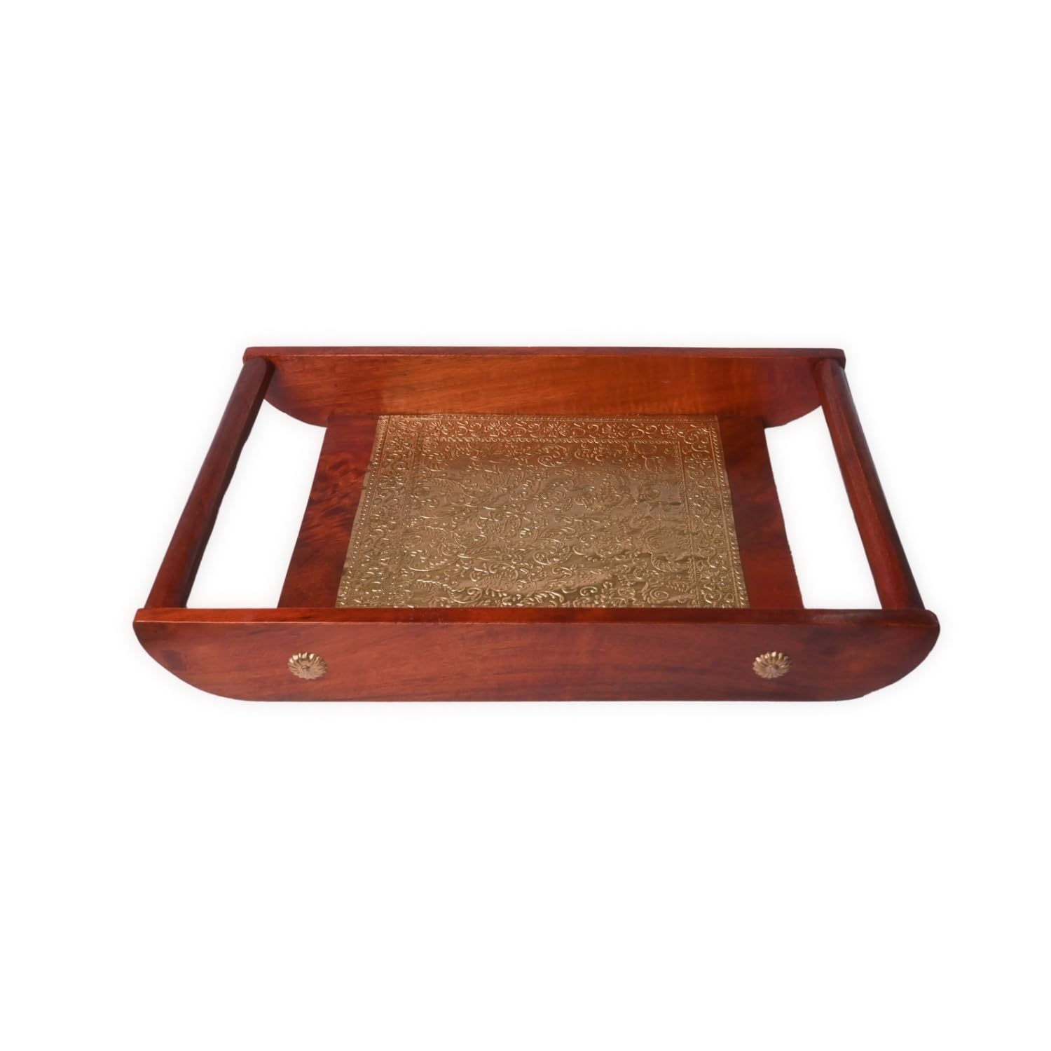 Wooden Serving Tray With Embossed Brass Inlay, Brown, Multipurpose, Round Handle Style, Multipurpose Trays For Serve Breakfast C