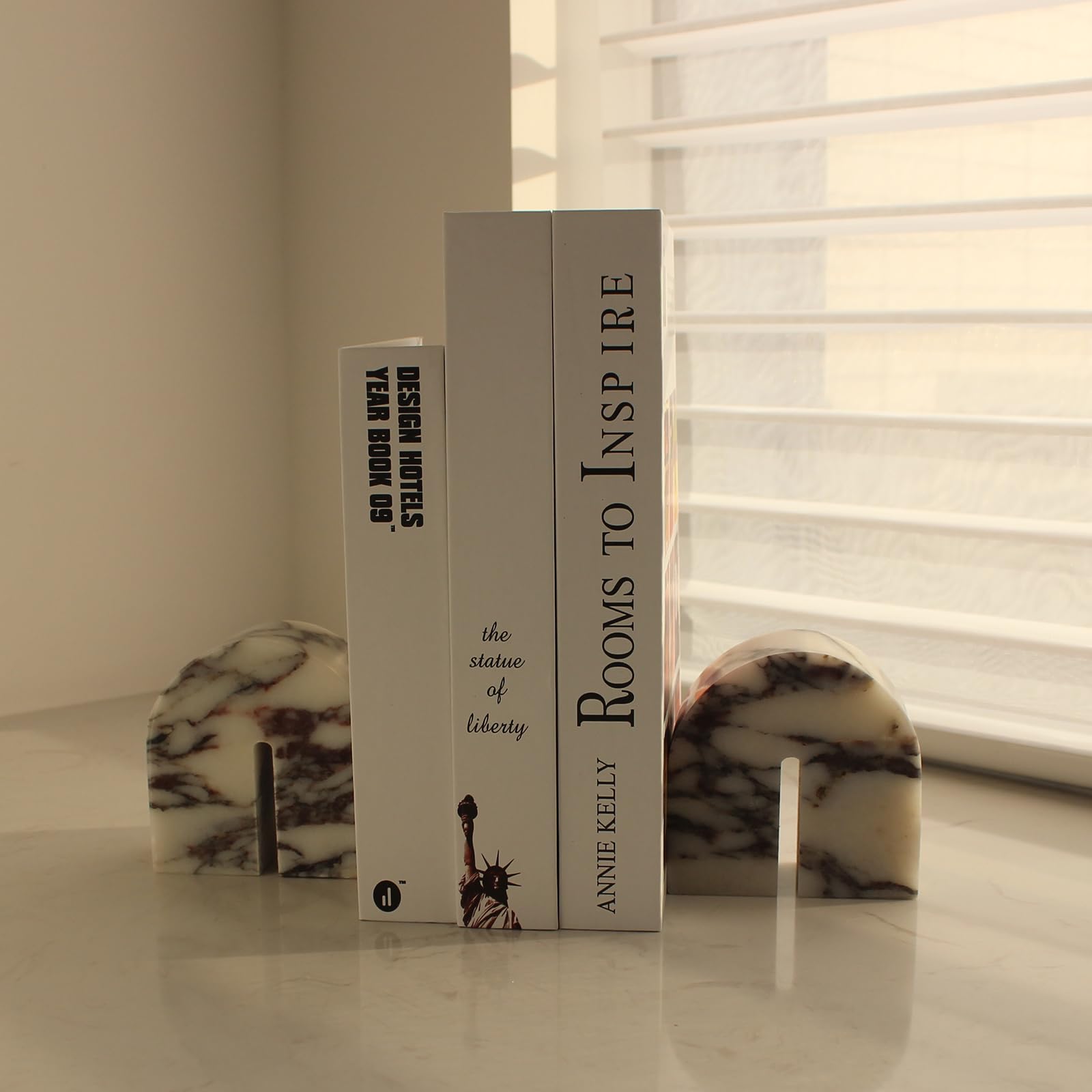 Set of 2 Natural Calacatta Viola Marble Bookends for Shelves, Decorative Book Ends for Heavy Books, Book Stopper Office Bookshel