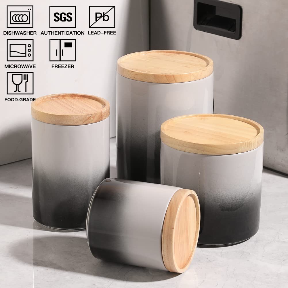 Sweejar Ceramic Food Storage Jar, Stackable Kitchen Canisters, Containers With Airtight Seal Wooden Lid For Serving Ground Coffe