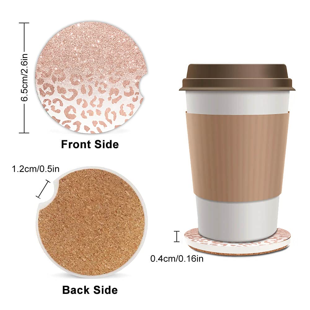 Trendy Rose Gold Glitter Leopard Absorbent Cup Holders Car Coasters Ceramic Stone Drinks Coaster Set for Women Man 2.56''(2 Pack)