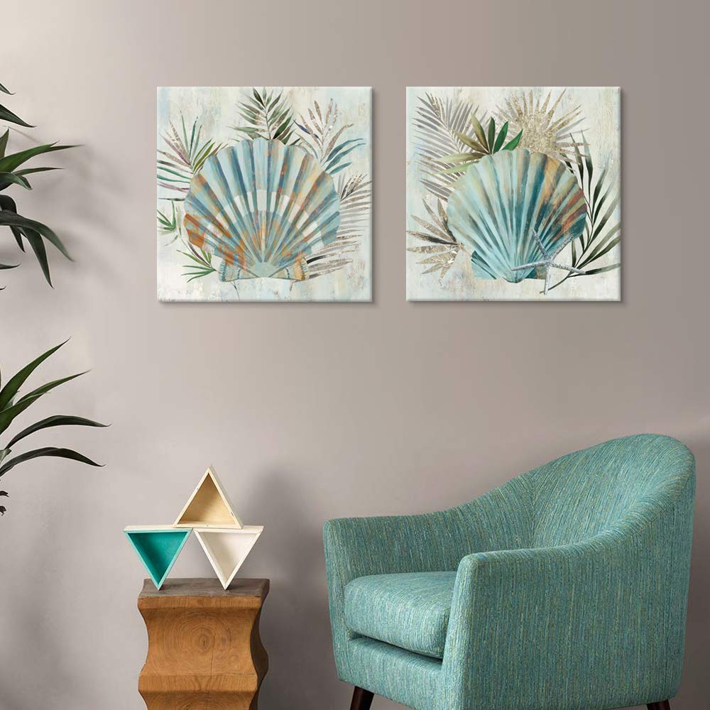 JAPO ART Turquoise Shell by PI Creative Art Modern Canvas seashells Wall Pictures Giclee Artwork Print on Canvas Framed Stretched Decor for Living Room Bedroom 12 x 12 inch x 2 pcs