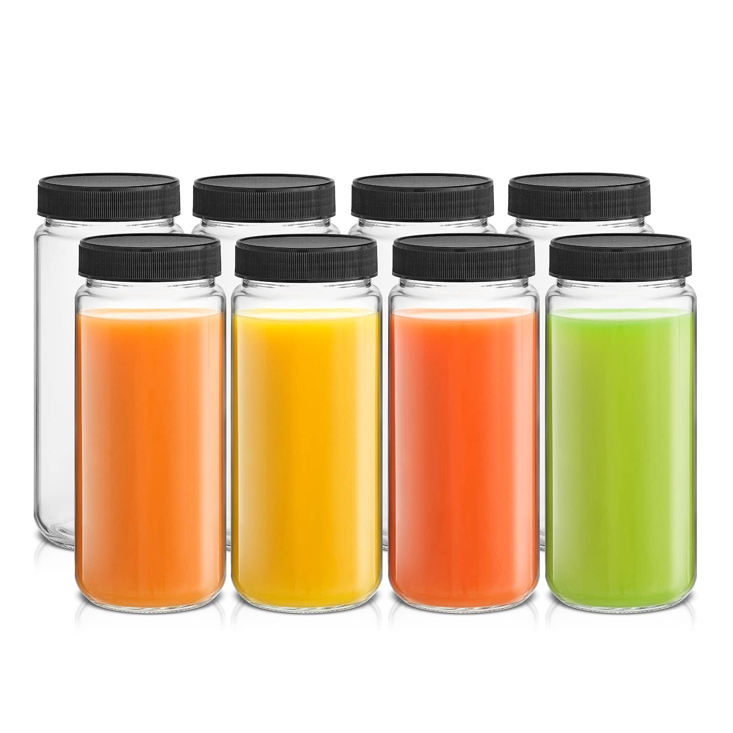 JoyJolt Glass Juice Bottles, 16 oz Glass Bottles with Caps. Set of 8 Juice Containers with Lids for Fridge, and Labels for Juice