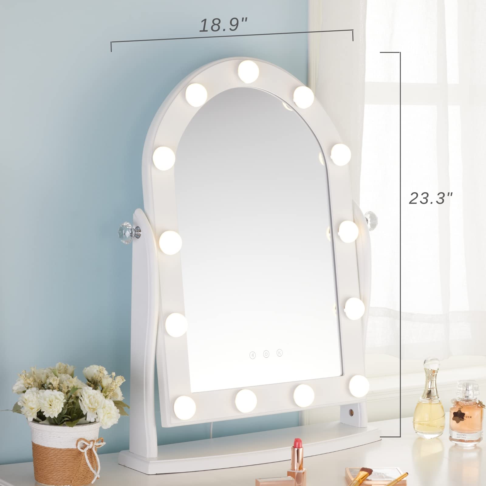 LUXFURNI Vanity Mirror with Lights, 13 LED Lights Makeup Mirror Smart Touch Control Dimmable 3 Color Modes, 90Rotation, White