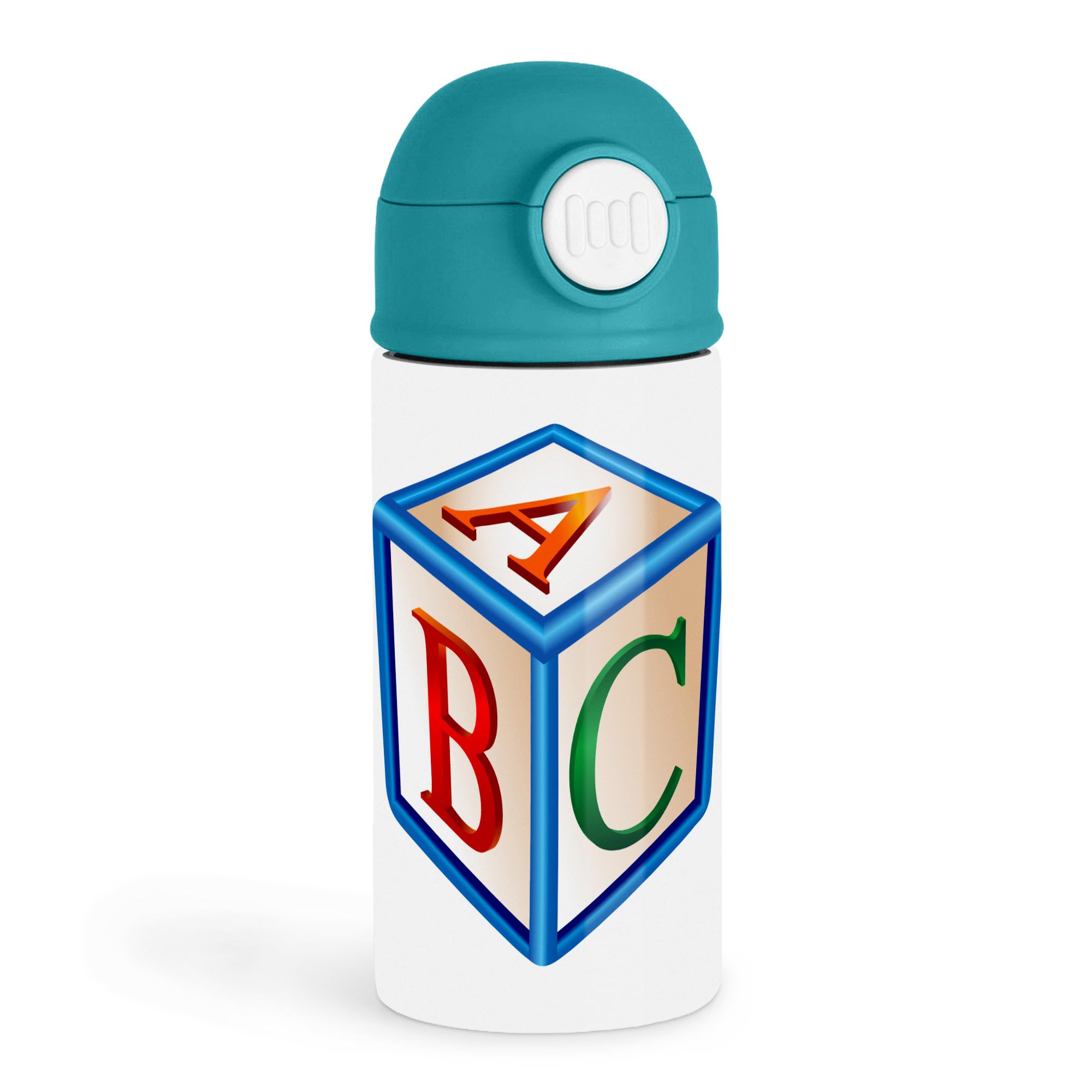Sweet Toddlers 12oz Kids Green Bottle  Colorful ABC block design in blue, red, and green  Playtime, School Lunch