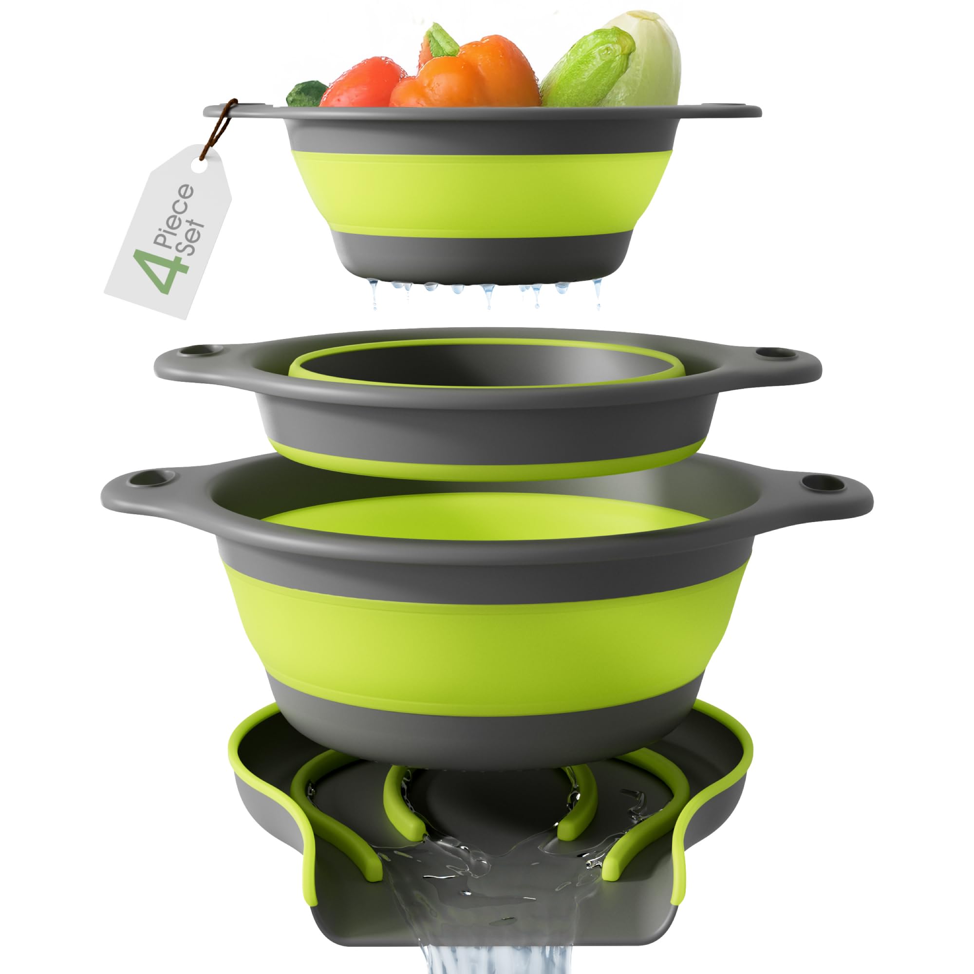 Gevoli Collapsible Colanders (3 Pack Set) Food Strainers with Over-Sink Water Draining Base for Pasta Fruits and Vegetables, Whi