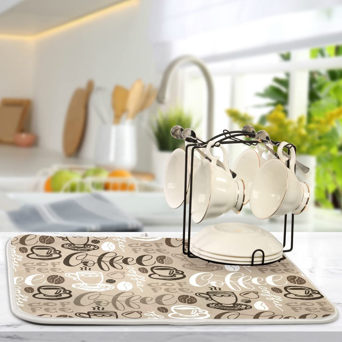 Coffee Mat Coffee Cup Drying Mat Coffee Maker Mat For Counter Tops,Coffee Lover Microfiber Dish Drying Mats Large Brown Kitchen