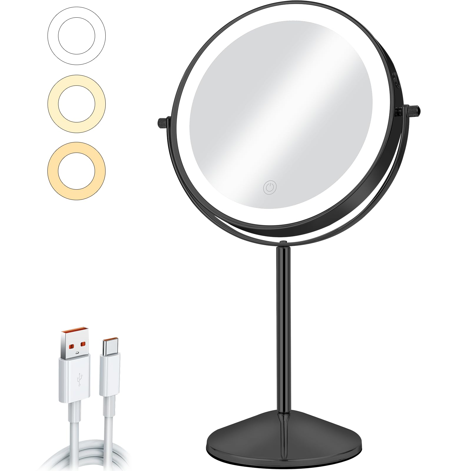 Aumvum 8'' Vanity Mirror With Lights Rechargeable, 1X/10X Magnifying Mirror With Light Double Sided Touch Screen 3 Colors 54 Led