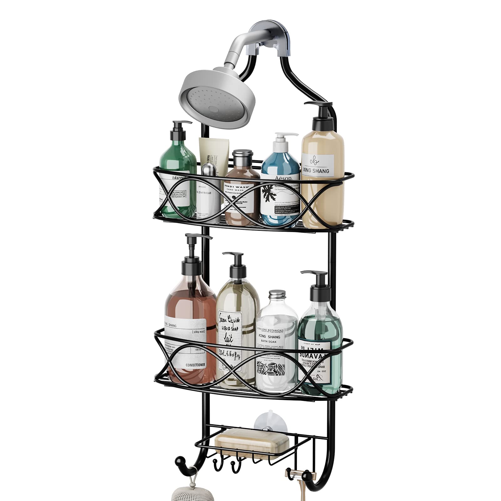 Gaokase Hanging Shower Caddy Over Shower Head, Black Rust Proof Metal Large Bathroom Organizer For Shampoo, Conditioner, Body Wa
